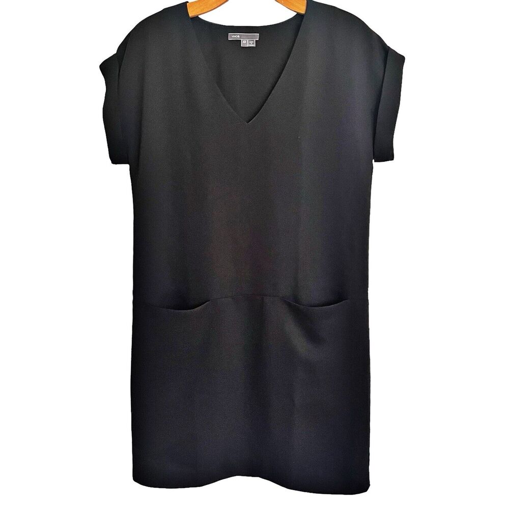 Vince Black Dress Sz XS V Minimalist Shift V Neck Rolled Sleeve Pockets Career